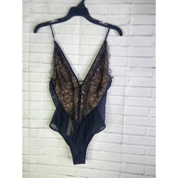 NEW Jonathan Simkhai Deep V Lace Bodysuit Tank Sexy Mesh Black Womens Size XS